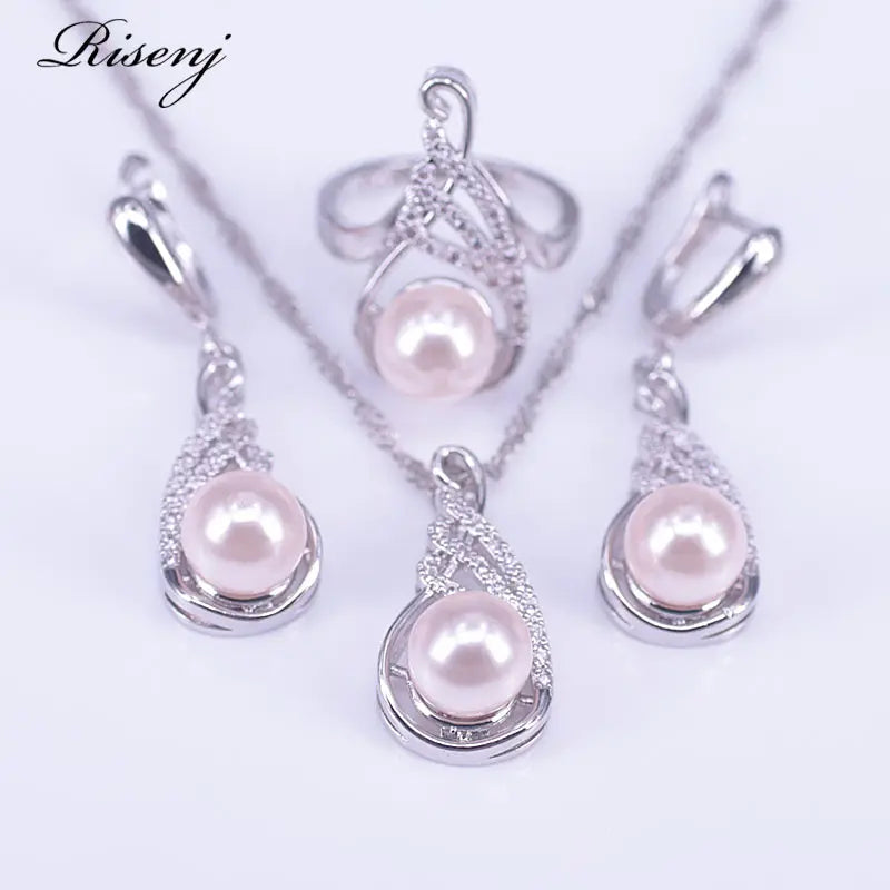 Pink Freshwater Pearl Silver 925 Jewelry Set White Zircon Costume Jewelry Set for Women Earrings Ring Necklace Set Free Shipping