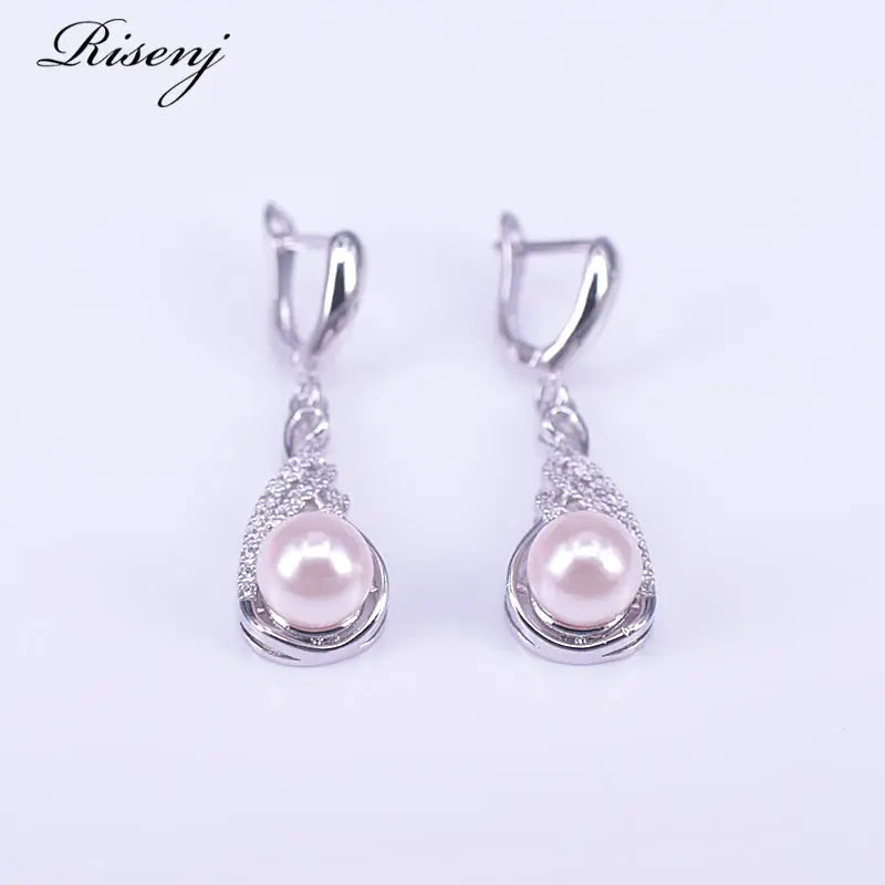 Pink Freshwater Pearl Silver 925 Jewelry Set White Zircon Costume Jewelry Set for Women Earrings Ring Necklace Set Free Shipping