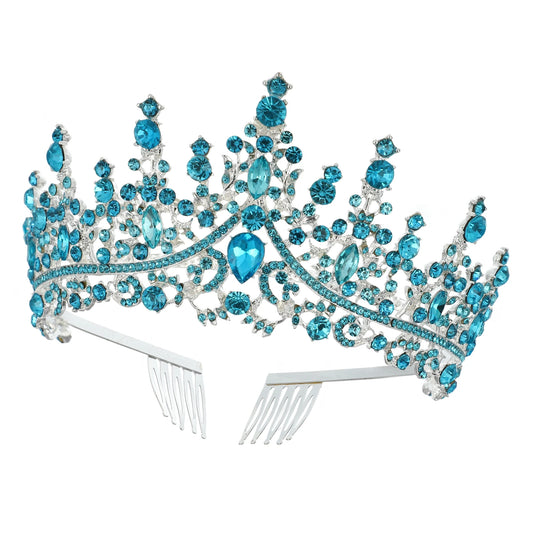 1 Pcs Lake Bluetone Crystal Tiara Crowns Elegant Princess Crown with Combs Tiaras H